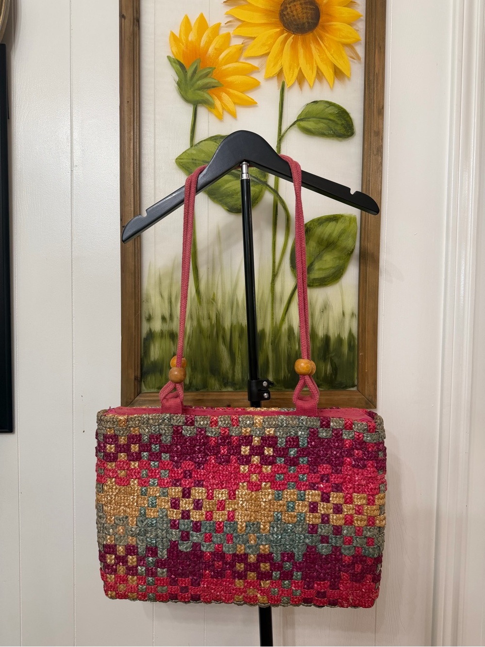 80-90’s Vintage Basket Weave Multicolor Straw Shoulder Purse or Beach Bag